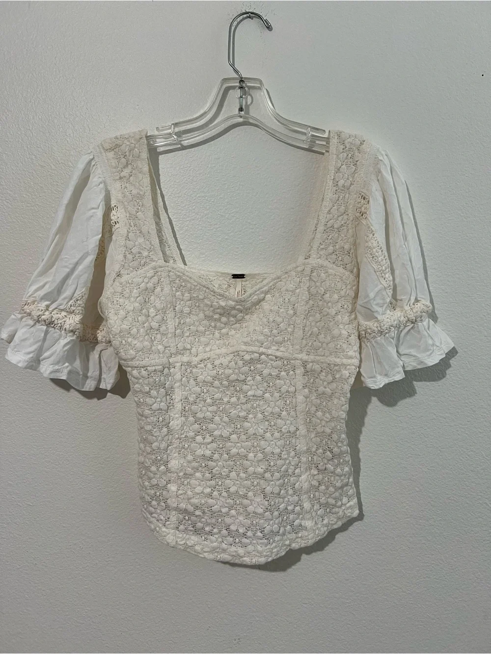 Free People Ivory Lace Square-Neck Puff Sleeve Top